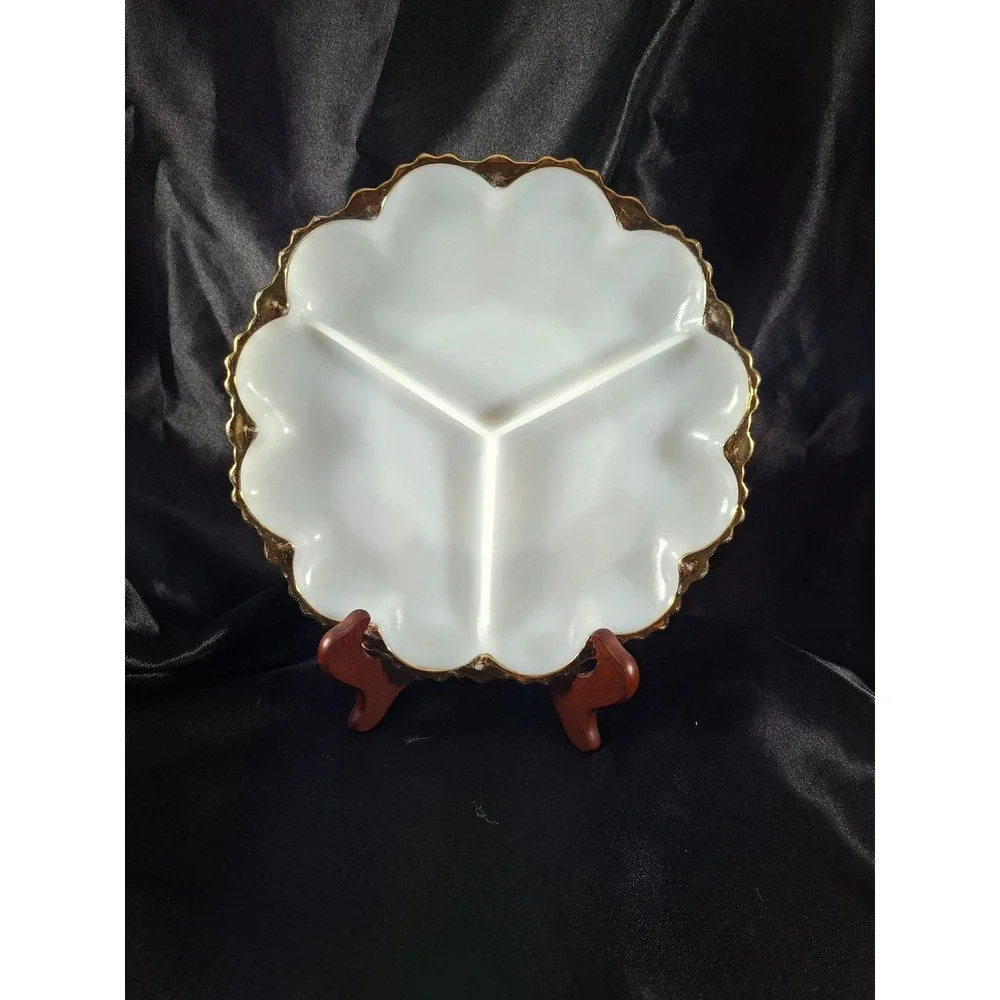 Vintage Milk Glass Divided Relish Dish Scalloped Gold Trim 3 Section Server